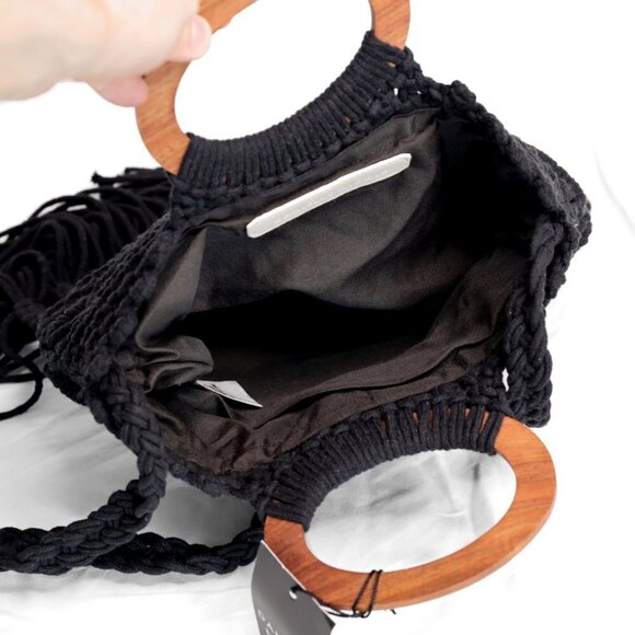 NWT Danielle Nicole Black Macramé Fringe Boho Crossbody Shoulder Bag Satchel - Picture 8 of 13